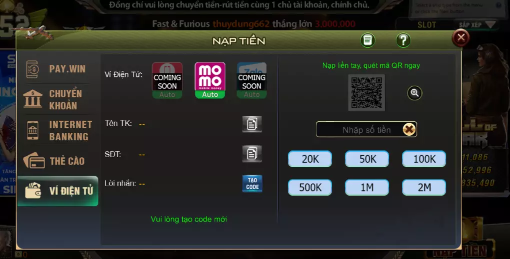 Nạp tiền cược B52 Play qua ví điện tử Momo