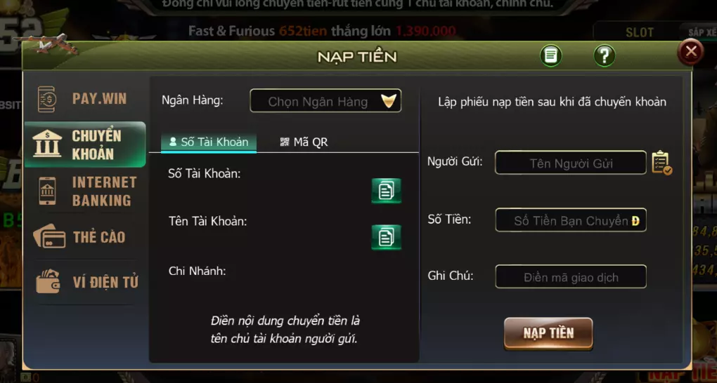 Nạp tiền cược Tai B52 Club thông qua ngân hàng
