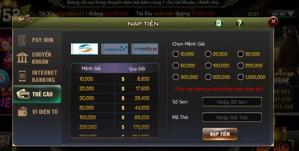 Nạp tiền cược B52 Play qua thẻ cào điện thoại